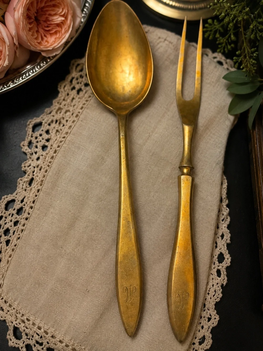 Vintage Dirilyte Gold Serving Set Spoon & Fork MCM Old Money Ralph Lauren Table